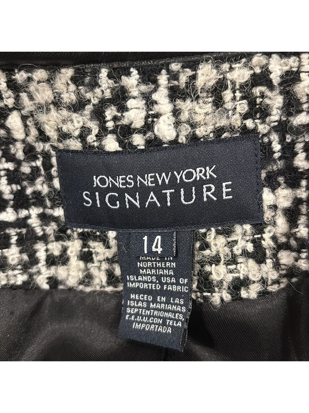 90s JONES NY BLACK & WHITE SALT & PEPPER TWEED JACKET BLACK LEATHER EDGES SZ 14 - Picture 8 of 8